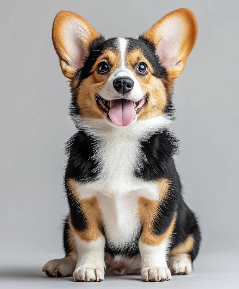 Happy corgi sits proudly with perked ears against a gray background photo