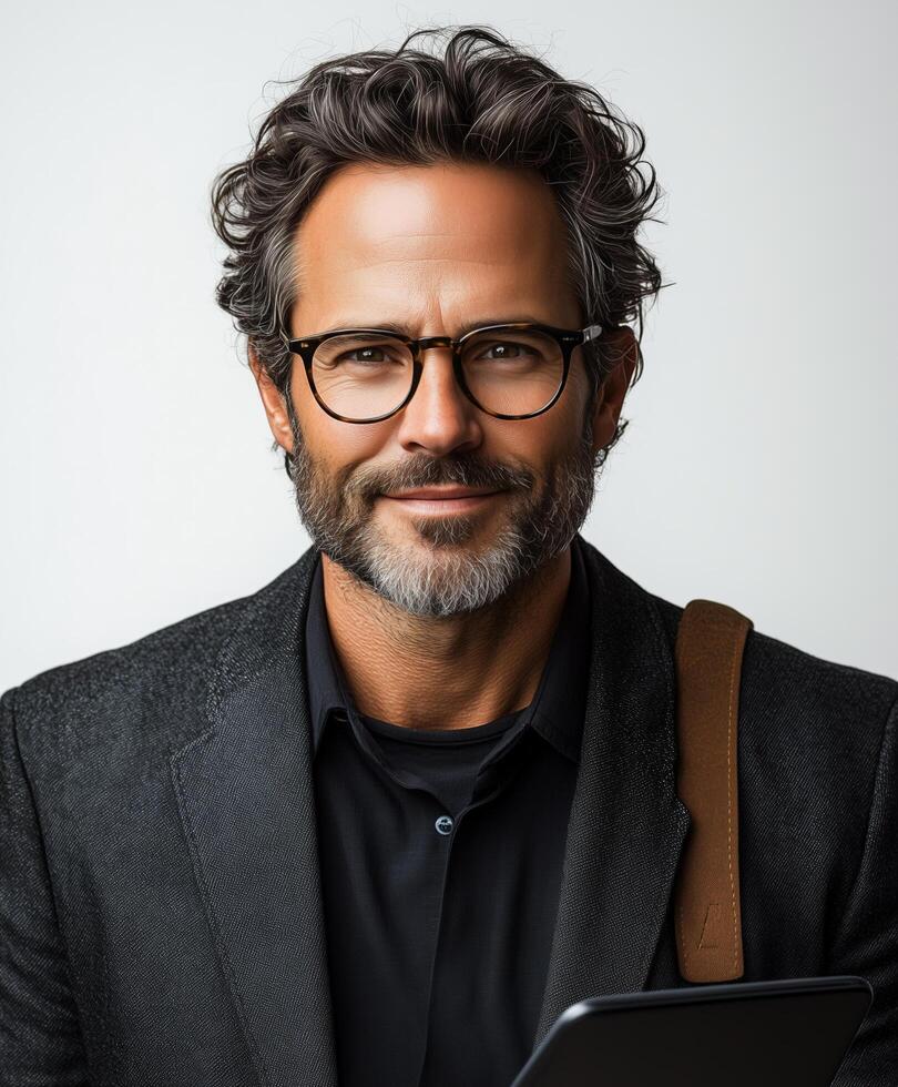 Confident man with glasses and a beard holding a tablet in a professional setting photo