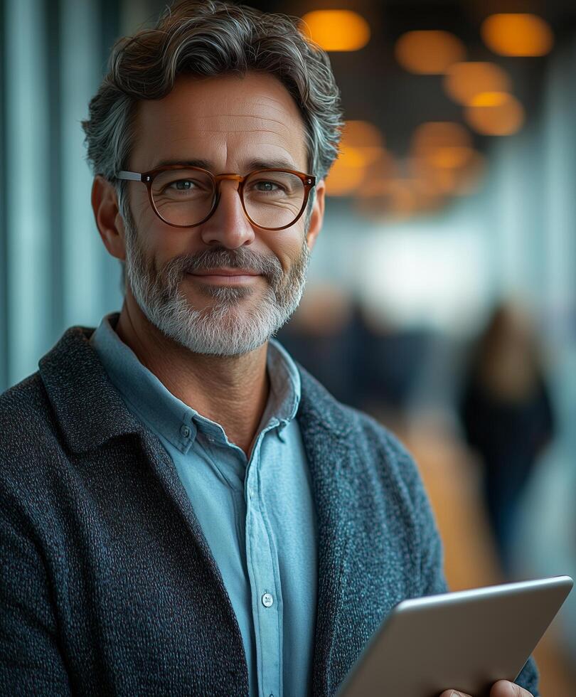 Smartly dressed man using tablet in a modern indoor space with warm lighting photo