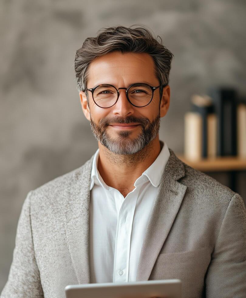 Professional man in gray suit smiling while holding a tablet in a modern office setting photo
