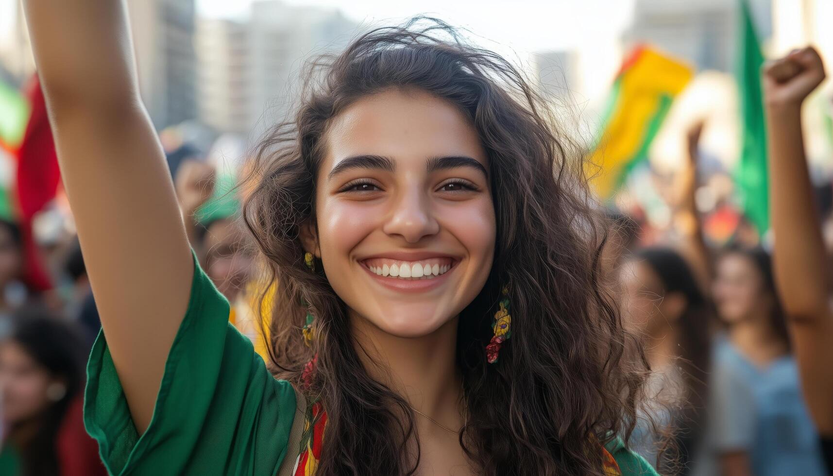 Young woman celebrates joyfully during a vibrant festival in a bustling city square photo