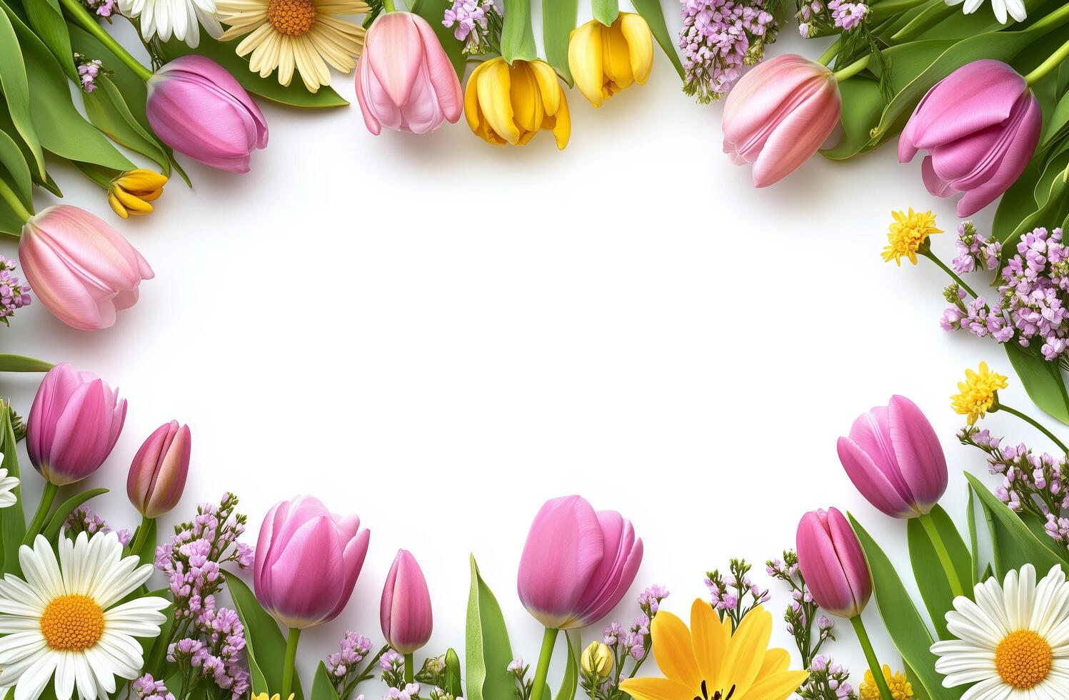 Colorful spring flowers arranged beautifully on a white background for decoration or invitation design photo