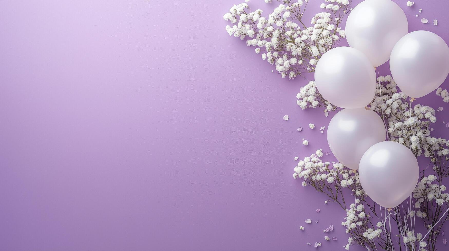 Elegant white balloons arranged with delicate flowers on a soft purple background for a celebration photo