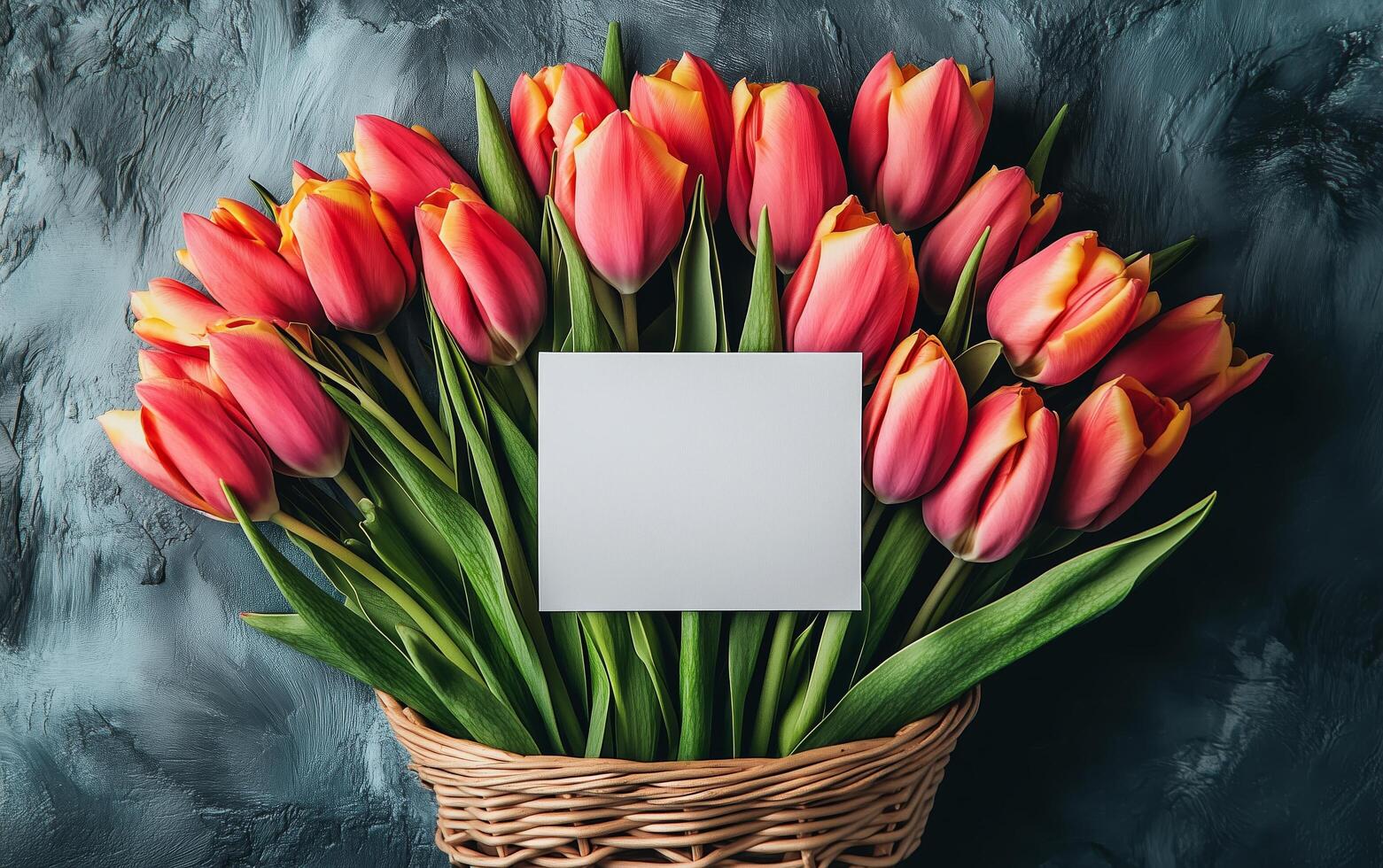 Vibrant tulip bouquet arranged in a basket with a blank card for messages photo