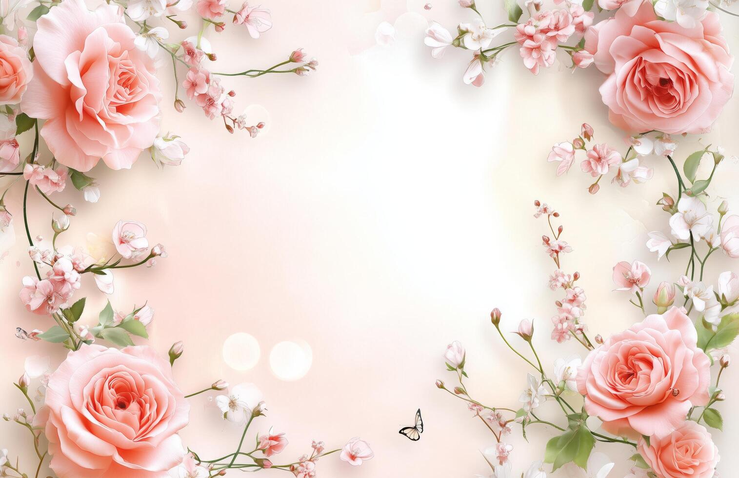 Soft pink roses and cherry blossoms create a delicate floral frame for your creative designs photo