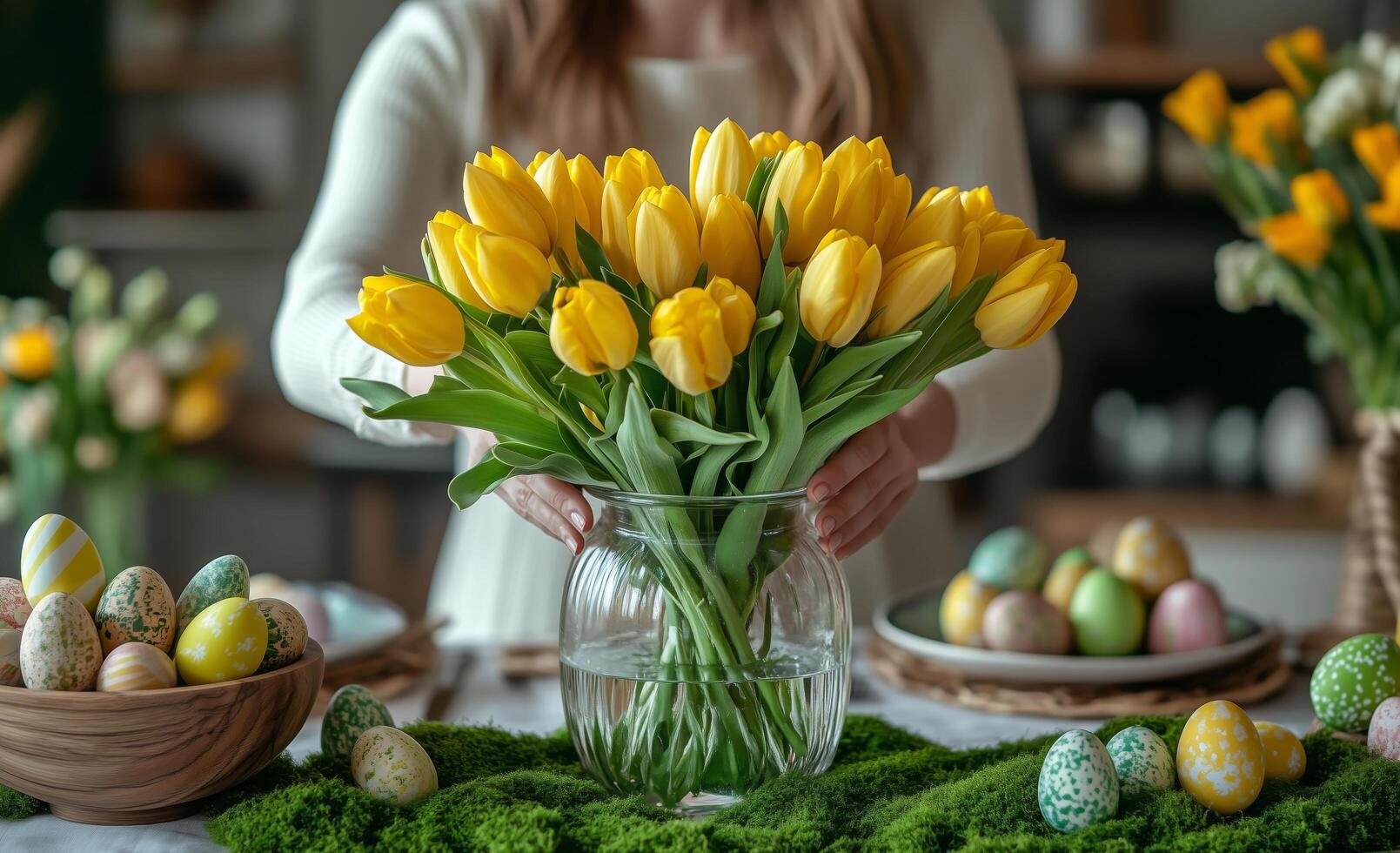 Bright yellow tulips in a vase beside colorful Easter eggs during a spring celebration photo