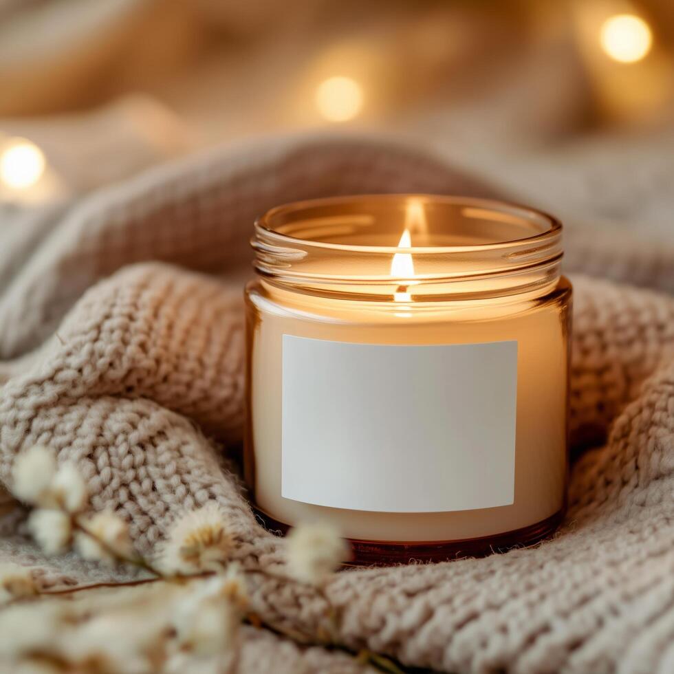Relaxing candle burns softly on cozy knit blanket with warm lights in background during evening photo