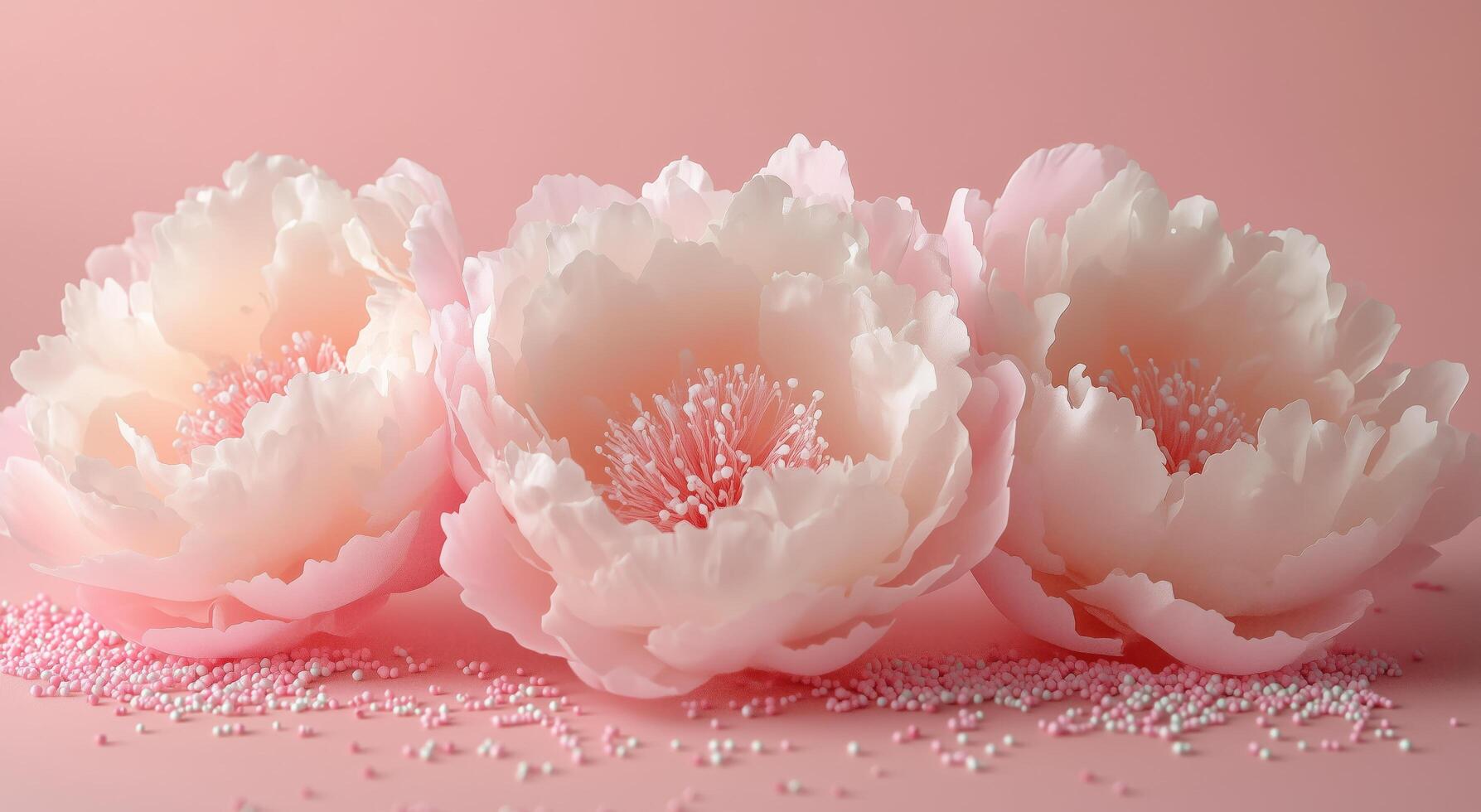 Beautiful pink peonies arranged on a soft pink background with decorative sprinkles photo