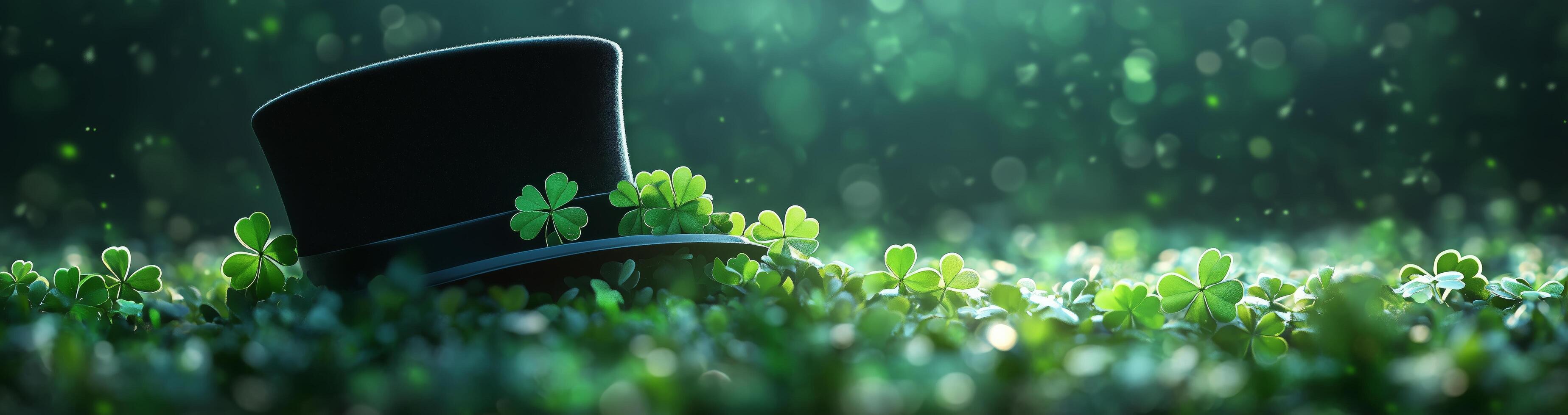 Green clover field with a black top hat hidden among the plants during a misty morning photo
