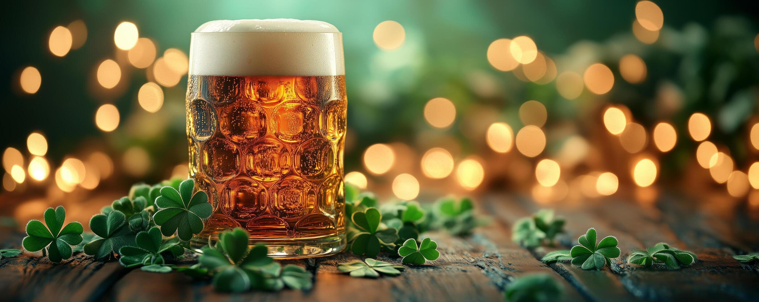 Festive beer on a wooden table with clovers and warm bokeh lights in a cozy atmosphere photo