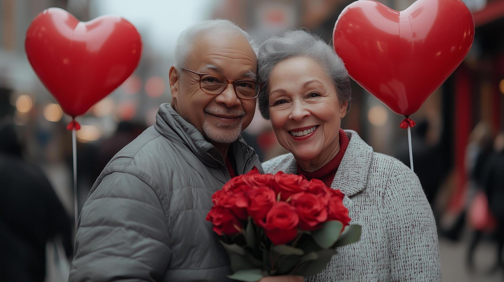 Couple celebrates love with red roses and heart balloons in a joyful outdoor setting photo