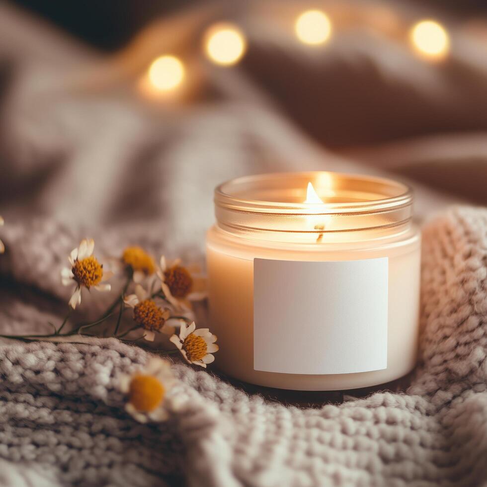 Cozy candle on knitted blanket with flowers and warm lights in peaceful indoor setting photo