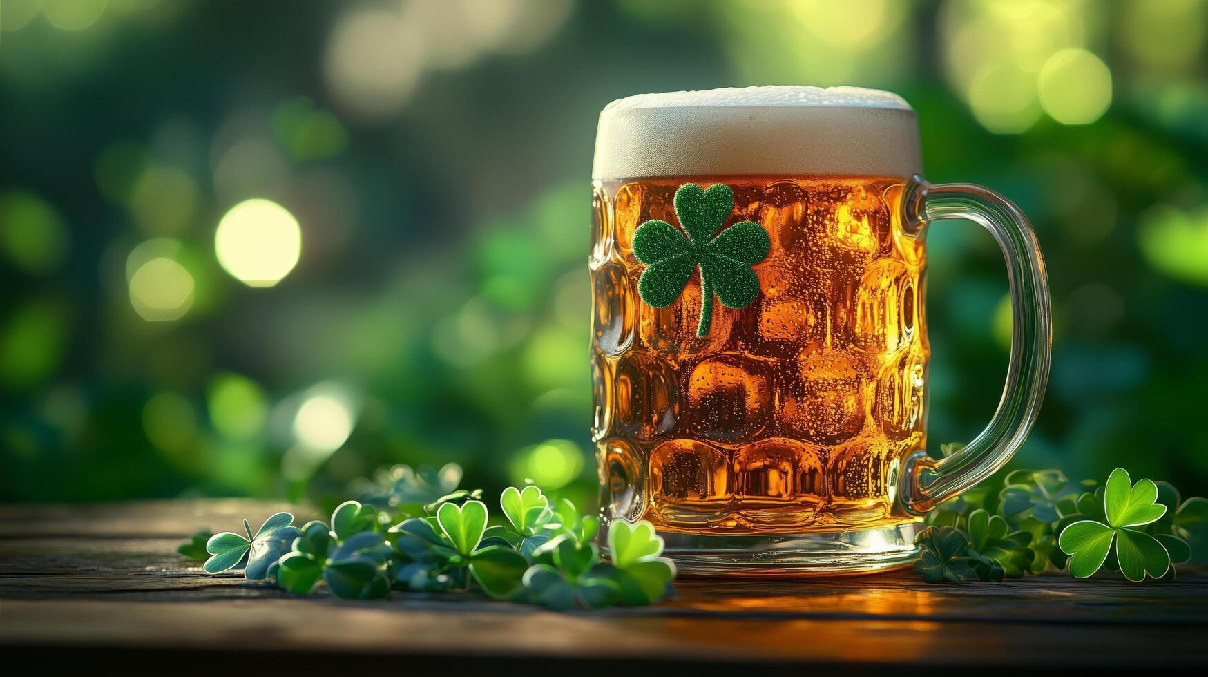 Refreshing beer served in a glass with clover decoration placed on a wooden table in a lush garden photo
