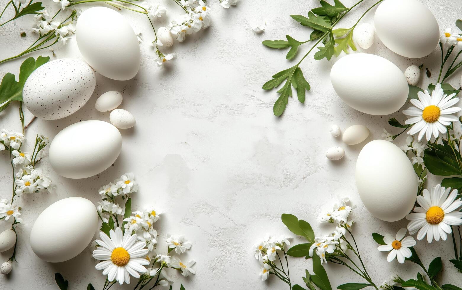 White eggs arranged with flowers and greenery on a light surface for spring decoration photo