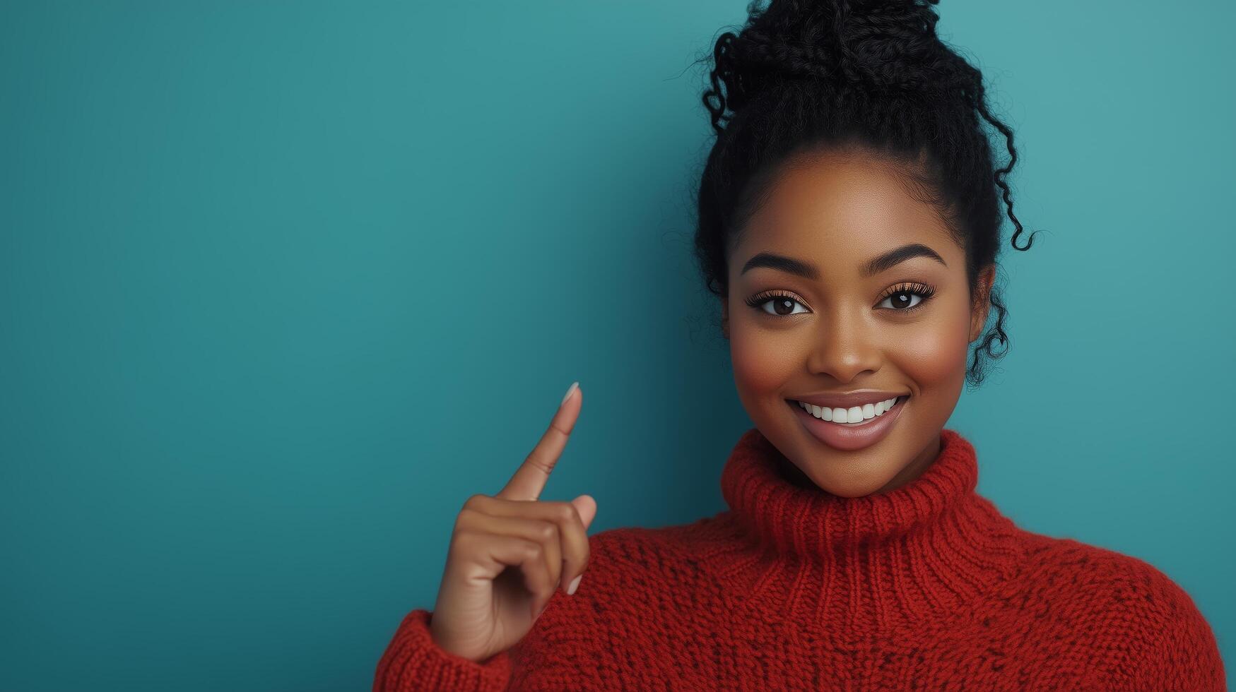 Woman in red sweater smiles while pointing up against a teal background photo