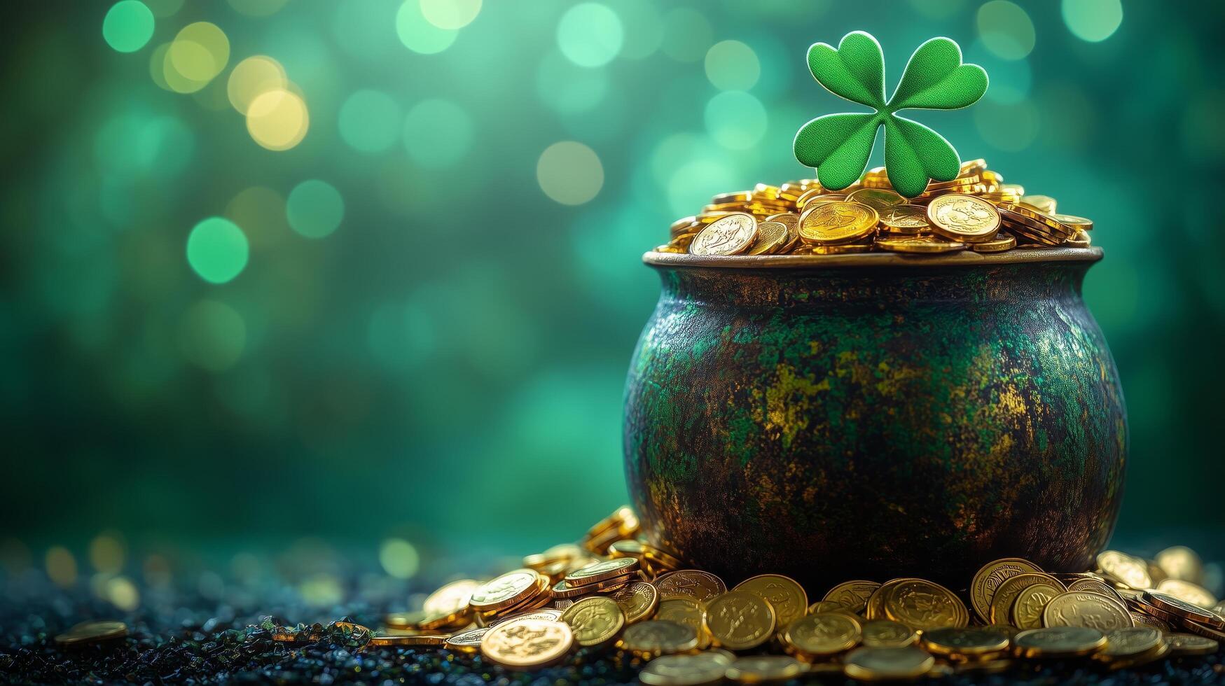 Lucky pot of gold with clover against a shimmering green backdrop photo