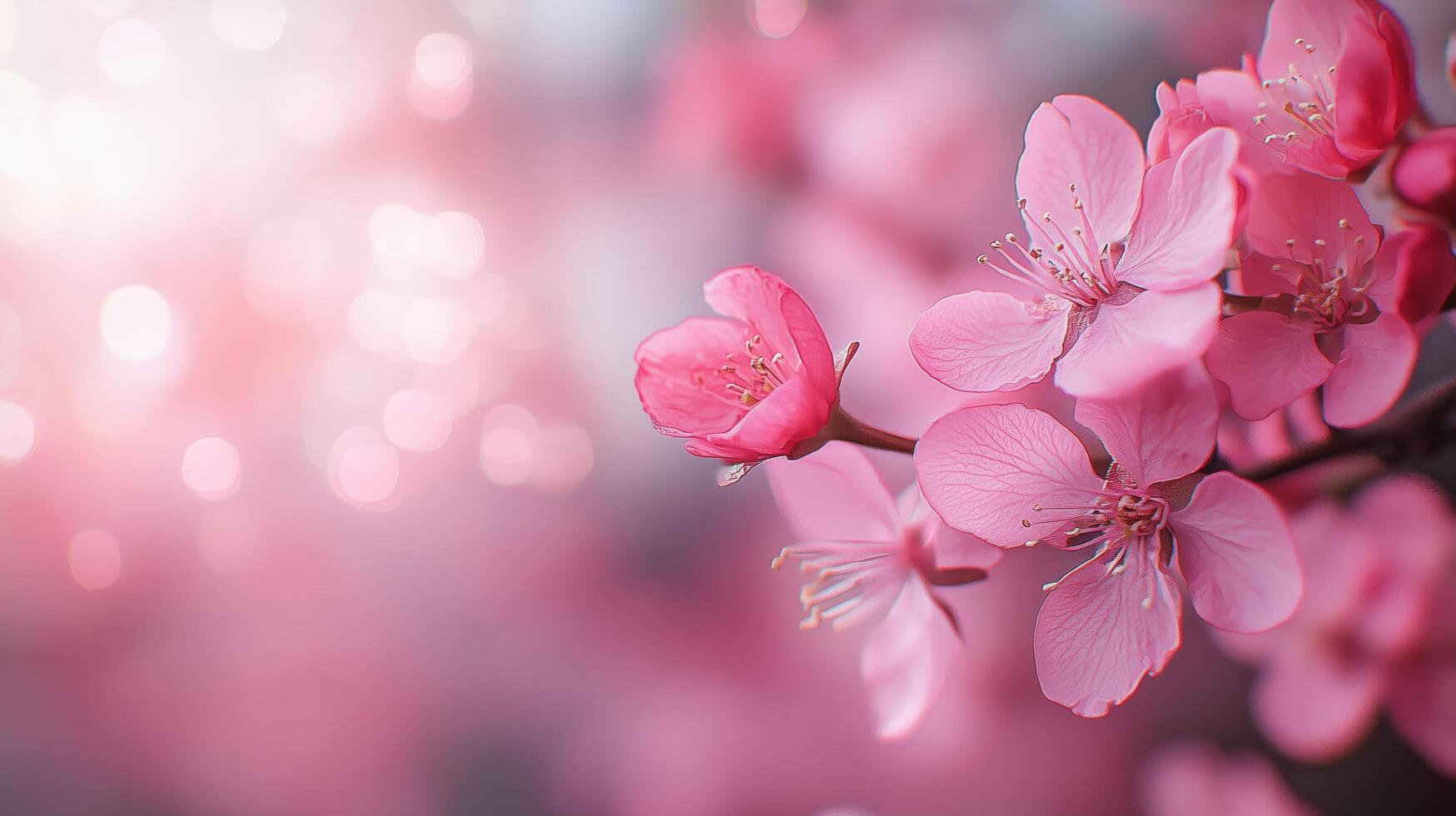 Cherry blossoms in bloom during spring season with soft pink petals and a sparkling background photo