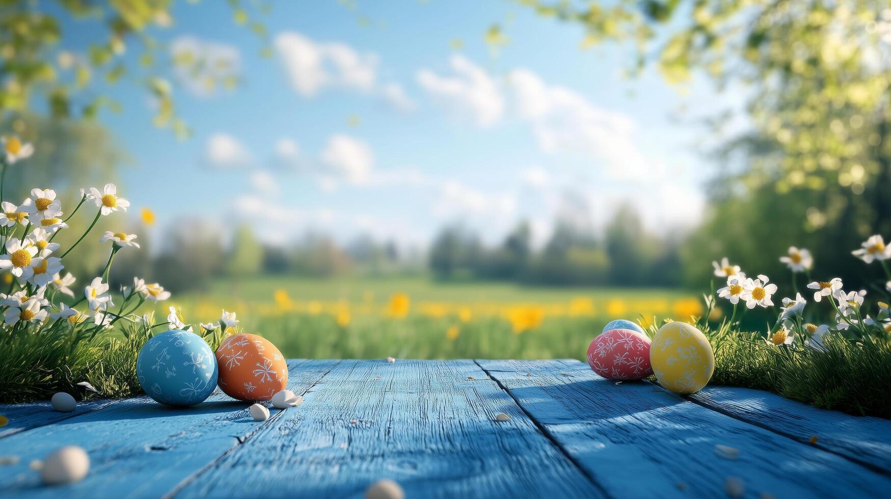 Spring day with colorful easter eggs on a wooden table in a vibrant garden photo