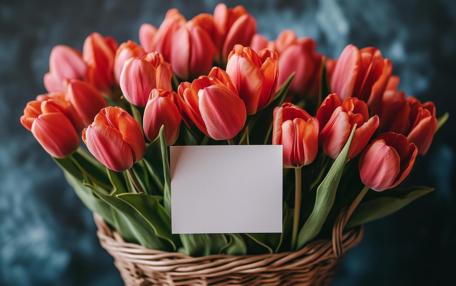 Colorful bouquet of pink and orange tulips with a blank card for personalized messages photo