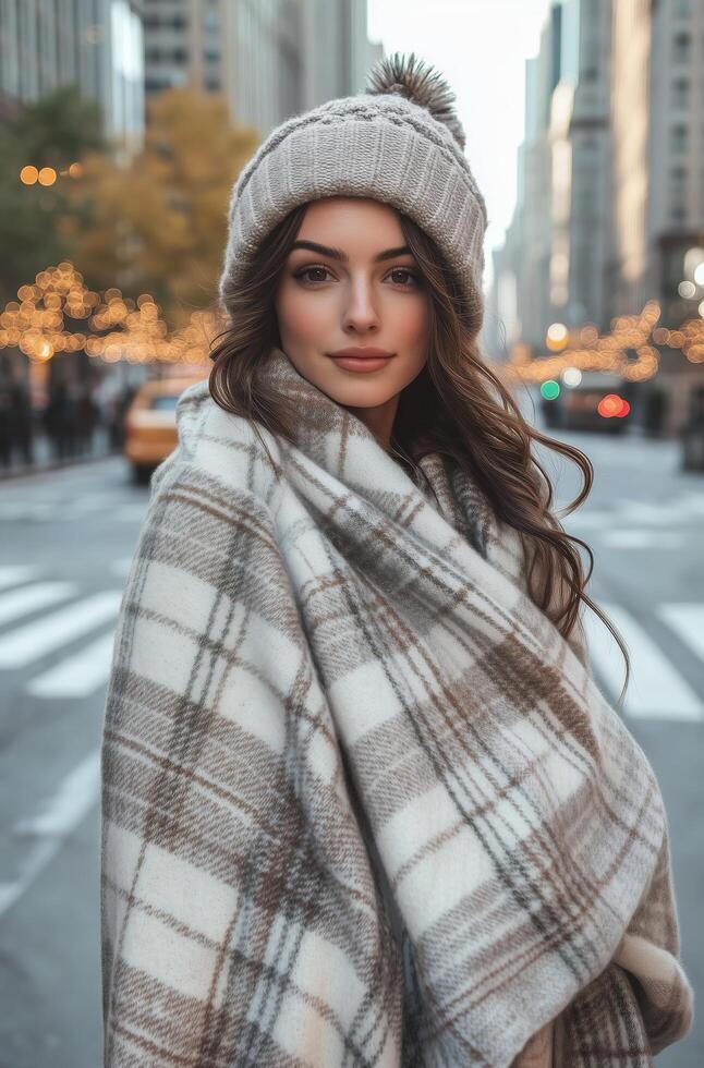 Woman in a cozy blanket and hat standing on a bustling city street during autumn photo