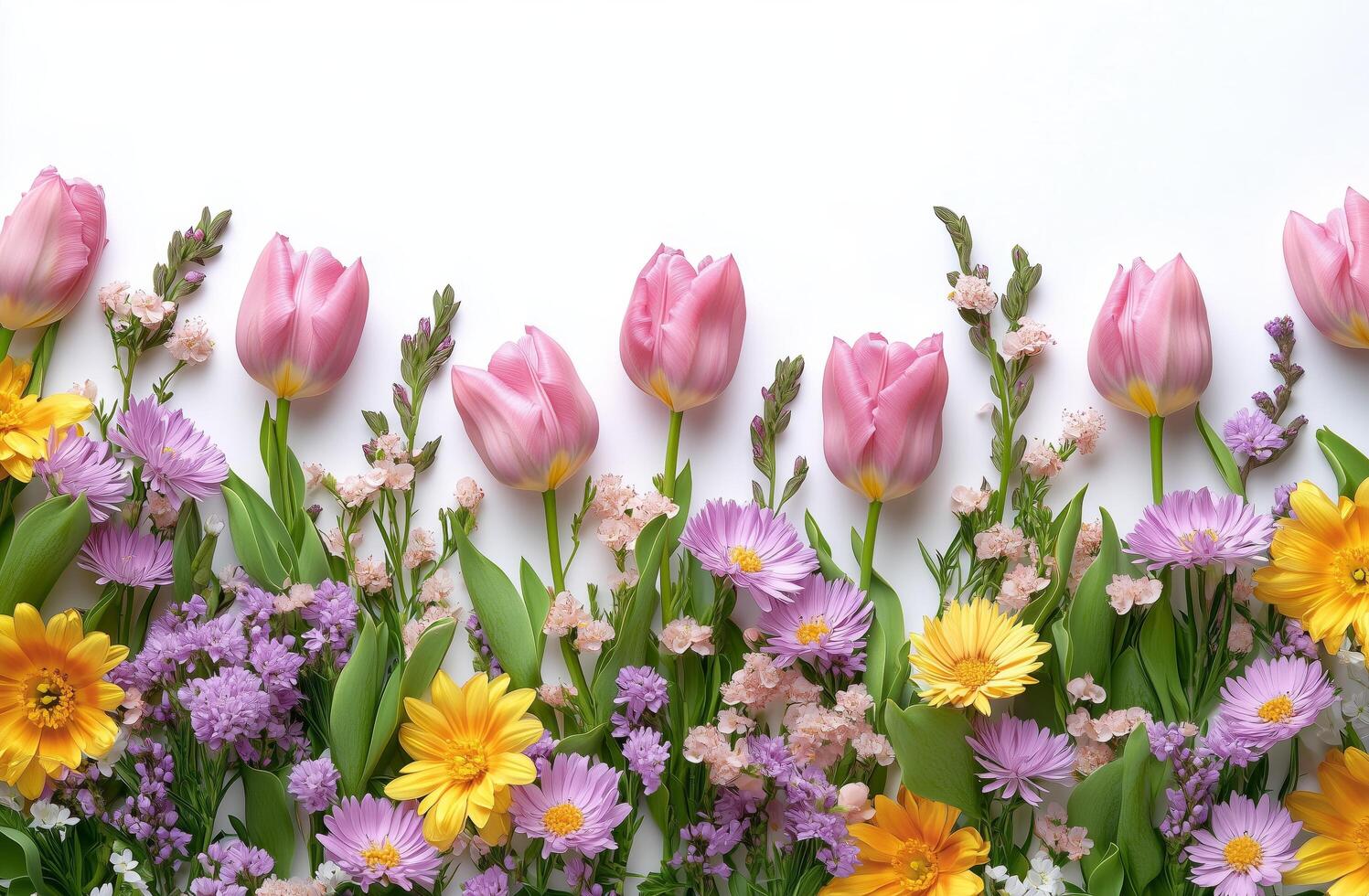 Colorful arrangement of spring flowers on a white background for decoration and celebration photo