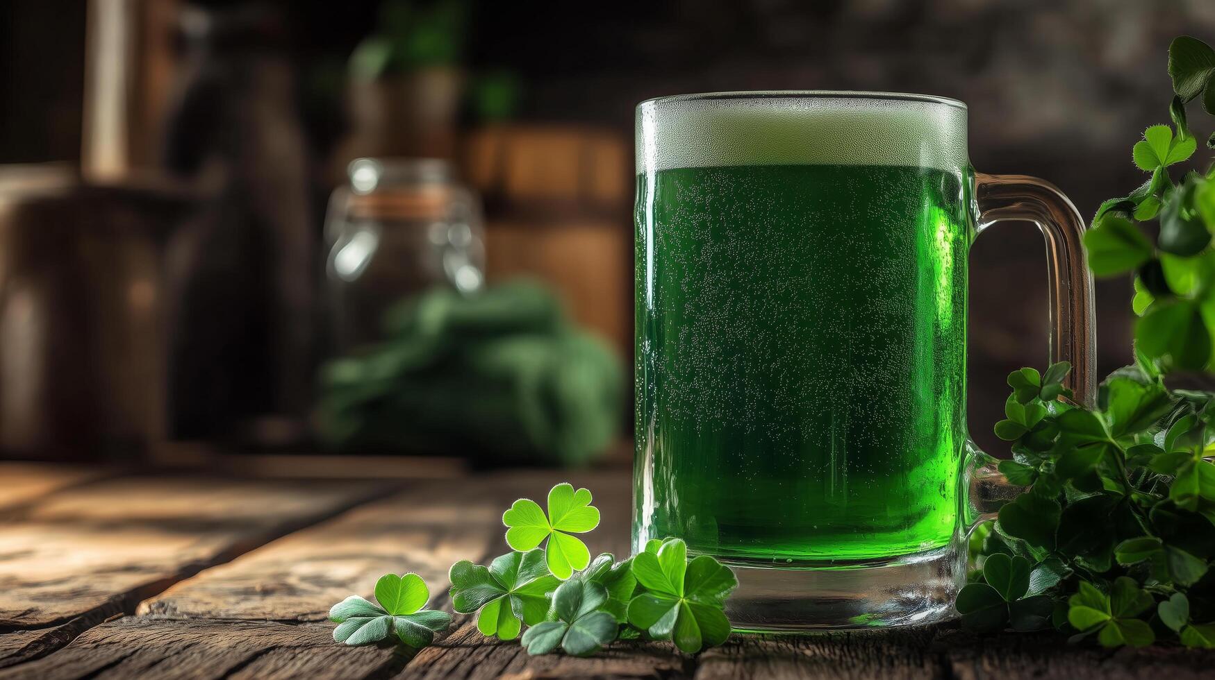 Bright green beverage served in glass with clovers on rustic wooden table in festive setting photo