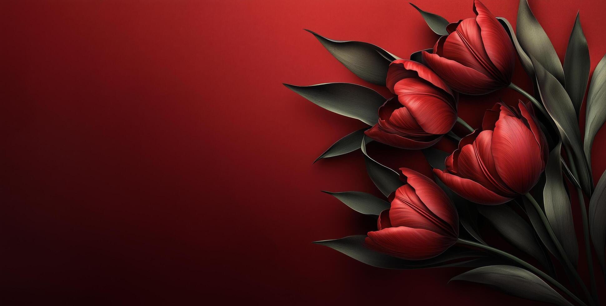 Red tulips arranged artistically on a deep red background with green leaves photo