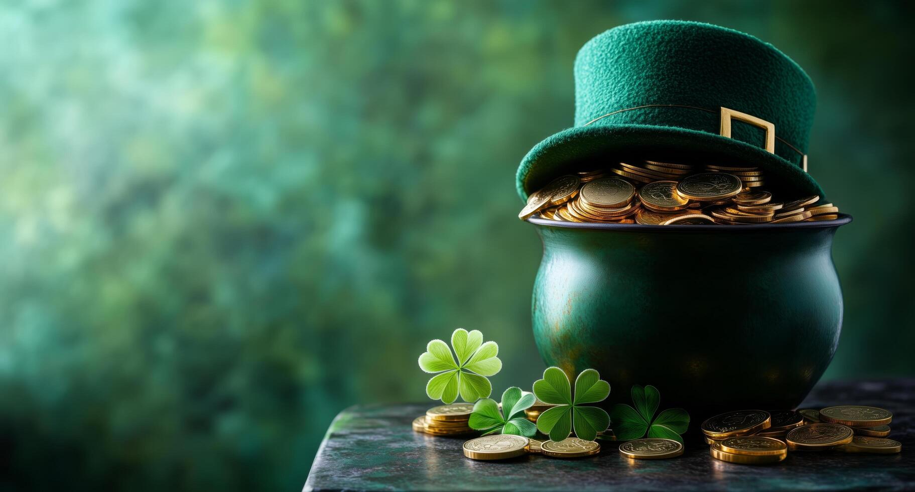 Celebrating St. Patrick's Day with a pot of gold and green hat photo