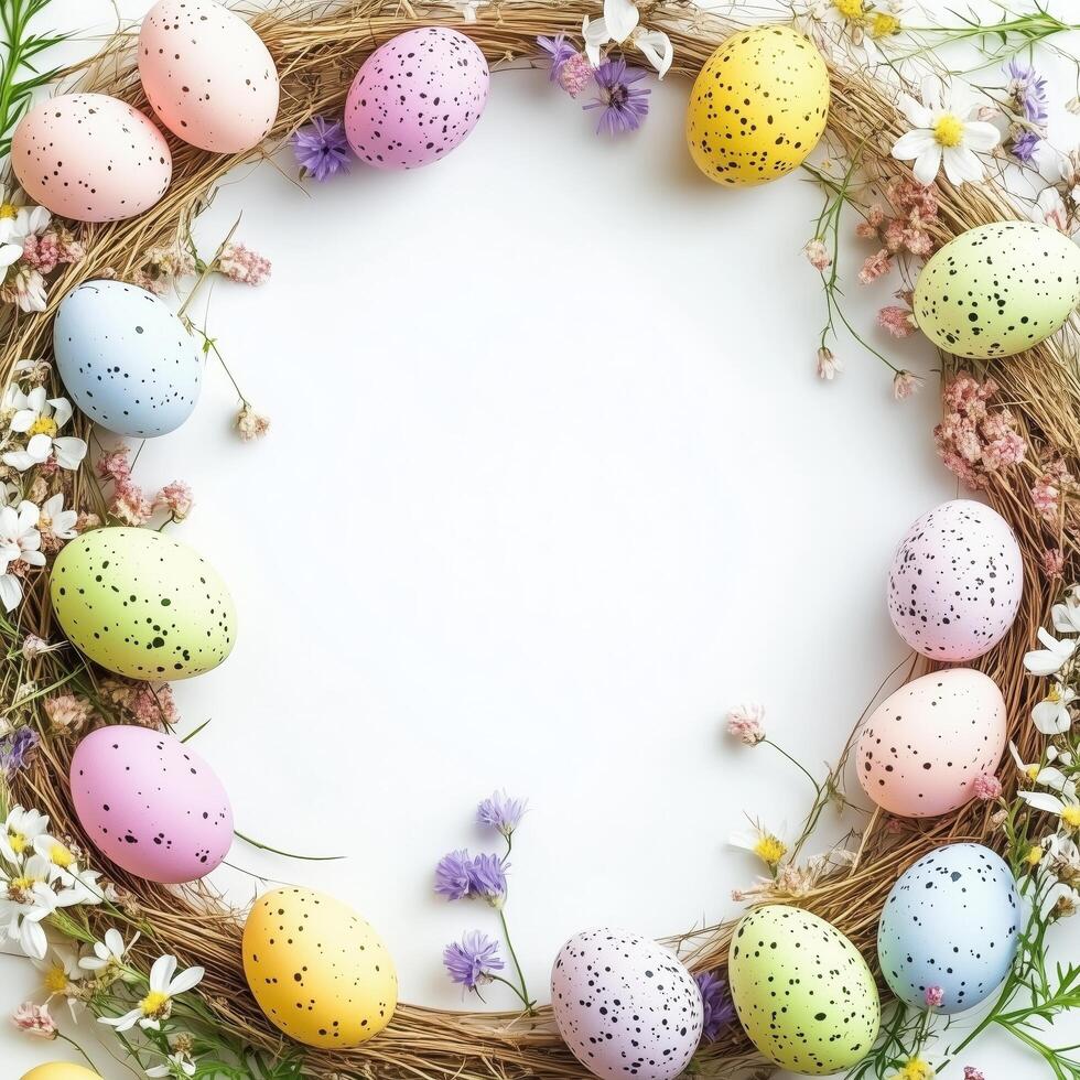 Colorful Easter eggs arranged with flowers in a circular design on a white background photo