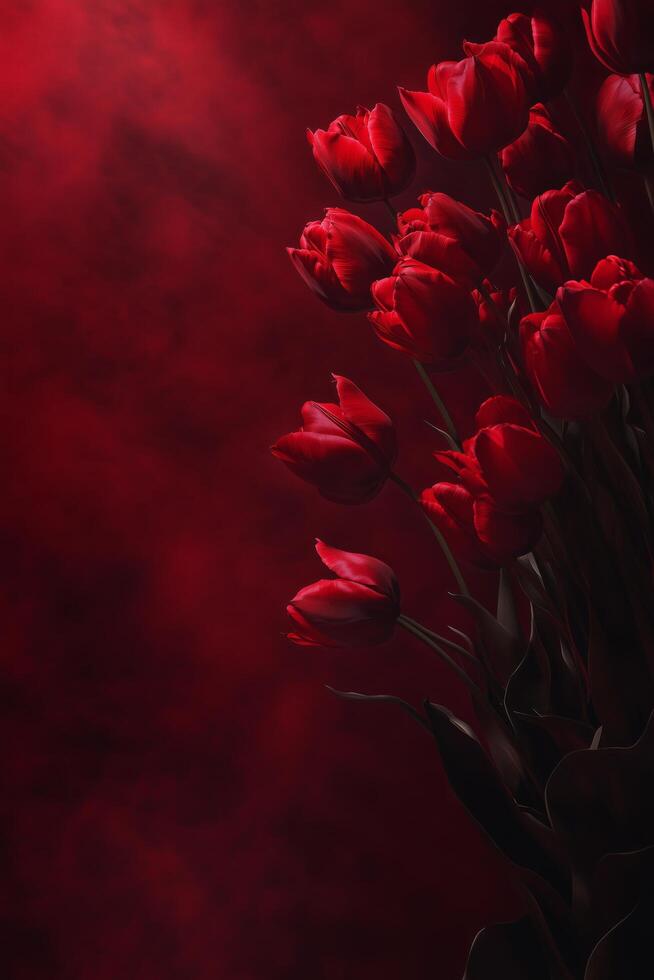 Red tulips arranged beautifully against a dark background creating a dramatic effect photo