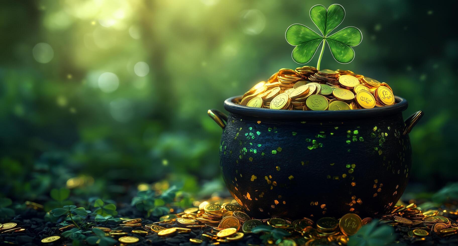 Pot of gold with lucky clover surrounded by shimmering coins in a mystical forest setting photo