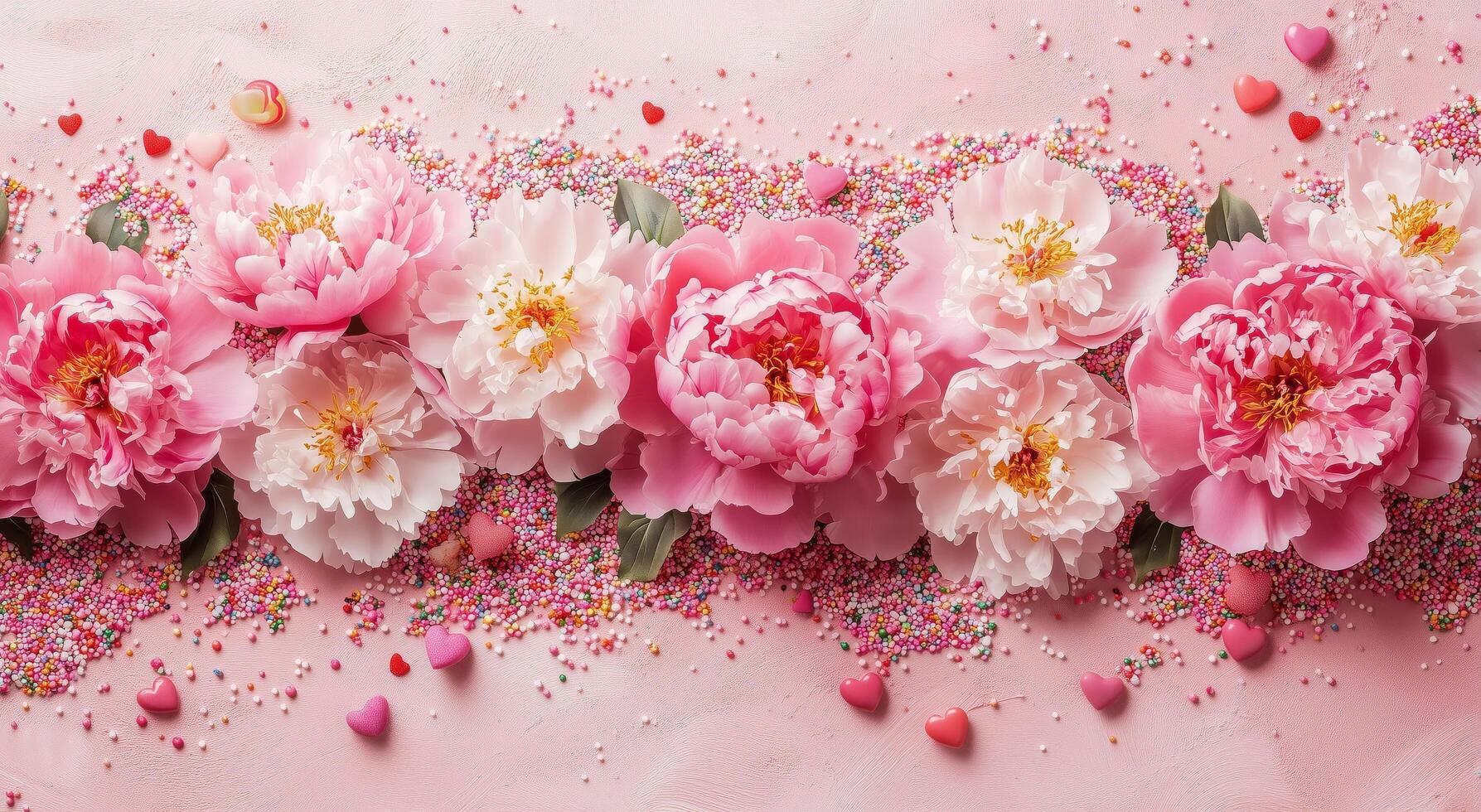 Beautiful arrangement of pink peonies with colorful sprinkles and heart shapes on a soft pink background photo