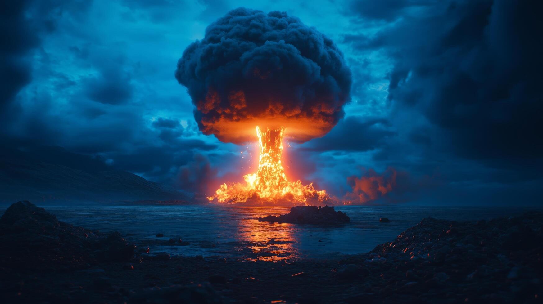 A huge explosion erupts from the ocean, forming a massive cloud over the water at dusk photo