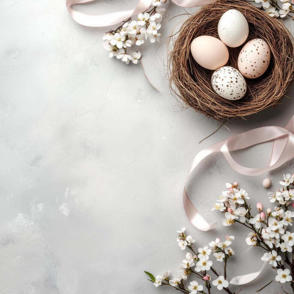 Decorative Easter eggs nestled in a natural nest with flowers and ribbons on a soft background photo