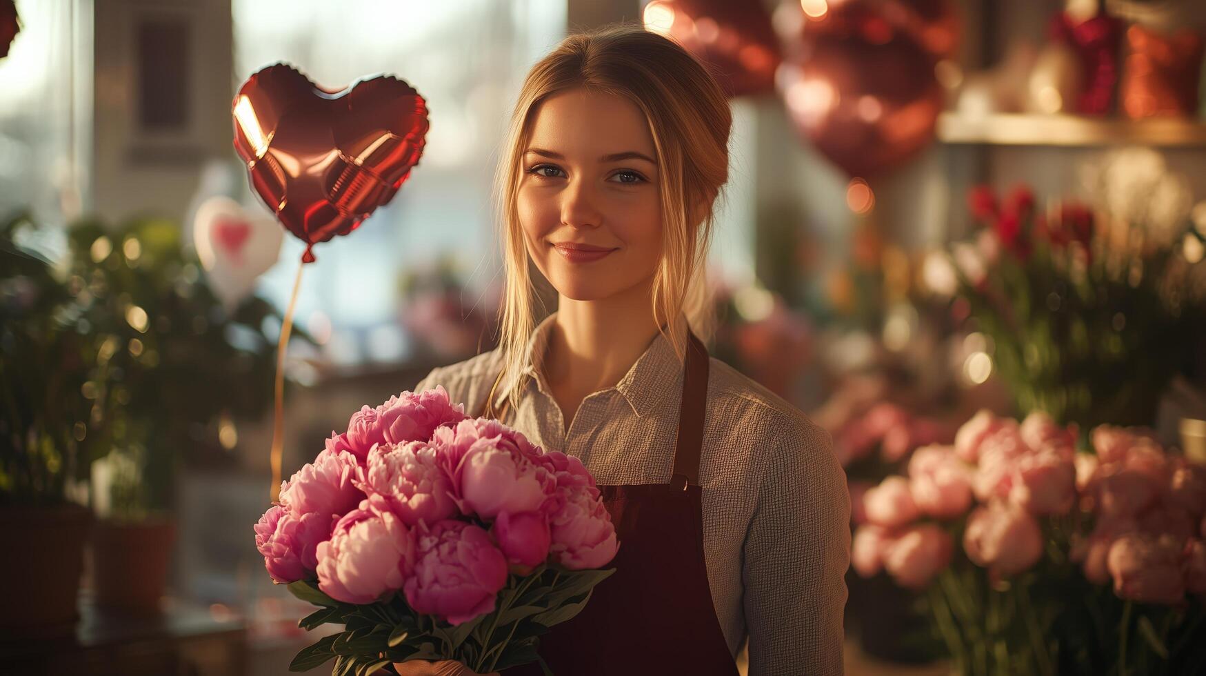 Flower shop employee holding peonies surrounded by heart-shaped balloons in a cozy setting photo