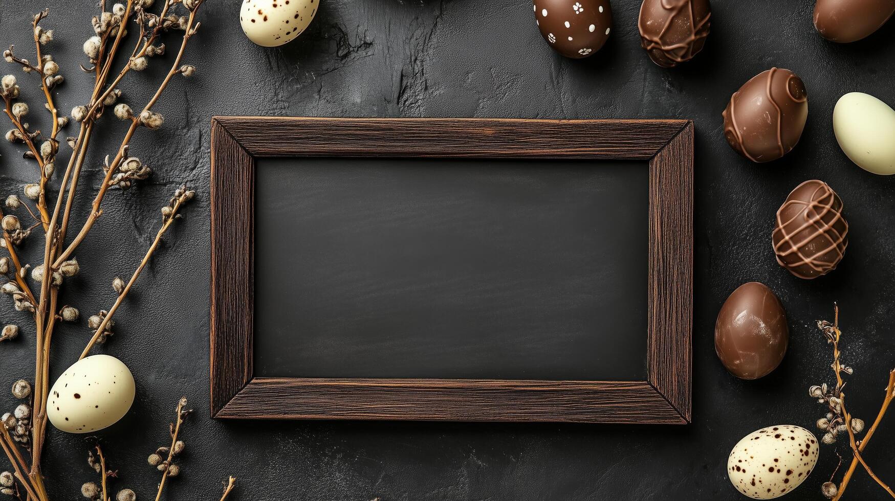 Festive chocolate eggs and framed blank space ready for spring celebration messages photo