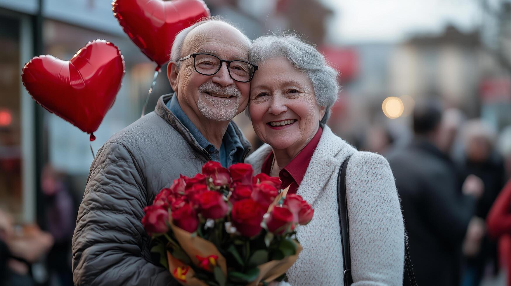 Elderly couple celebrating love with roses and heart-shaped balloons in a lively street photo