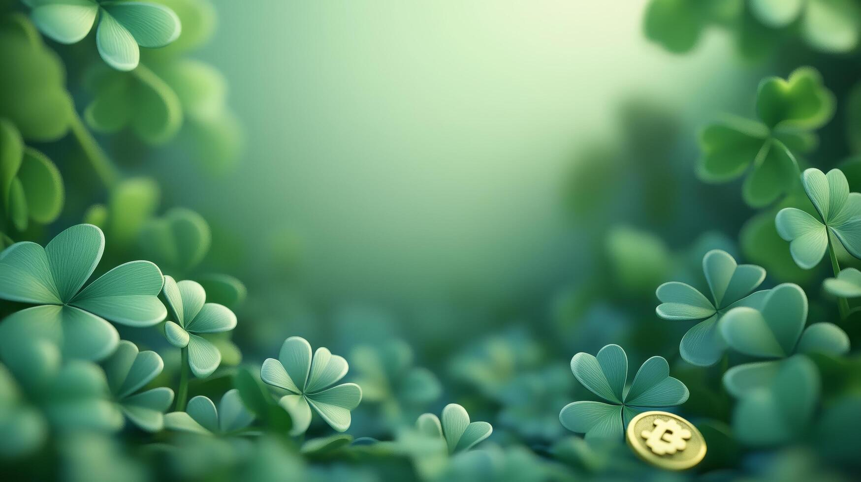 Lush green clovers with a golden coin nestled among them in a serene woodland setting photo