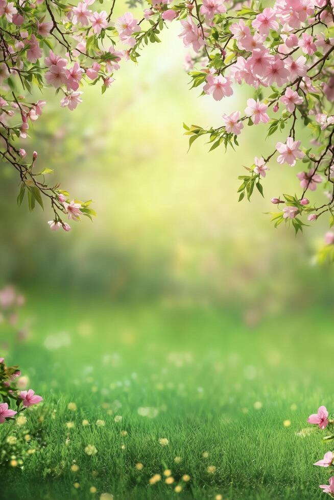 Blossoming spring garden with pink flowers and lush green grass in soft sunlight photo