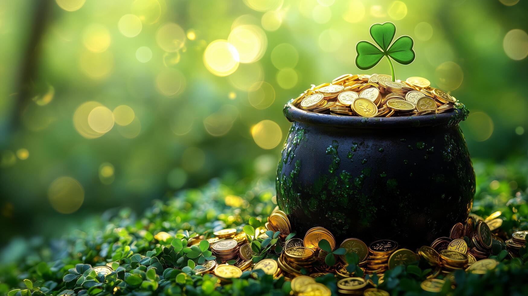 Treasure of gold coins in a pot with a lucky clover in a mystical green forest photo