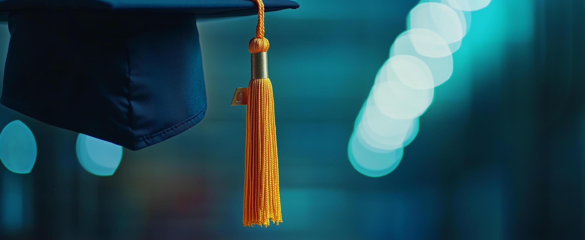 Graduation cap hanging with golden tassel illuminated by soft blue lights at an evening ceremony photo