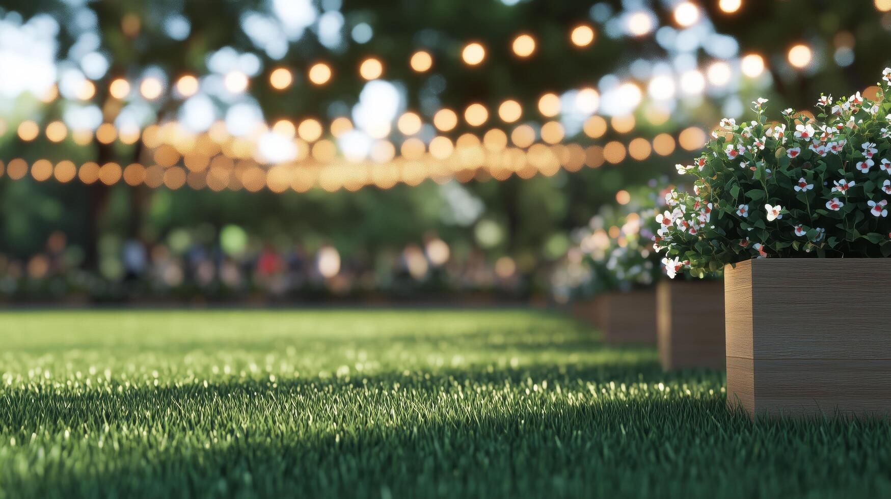 Beautiful garden setting with flowers and glowing lights during evening event photo