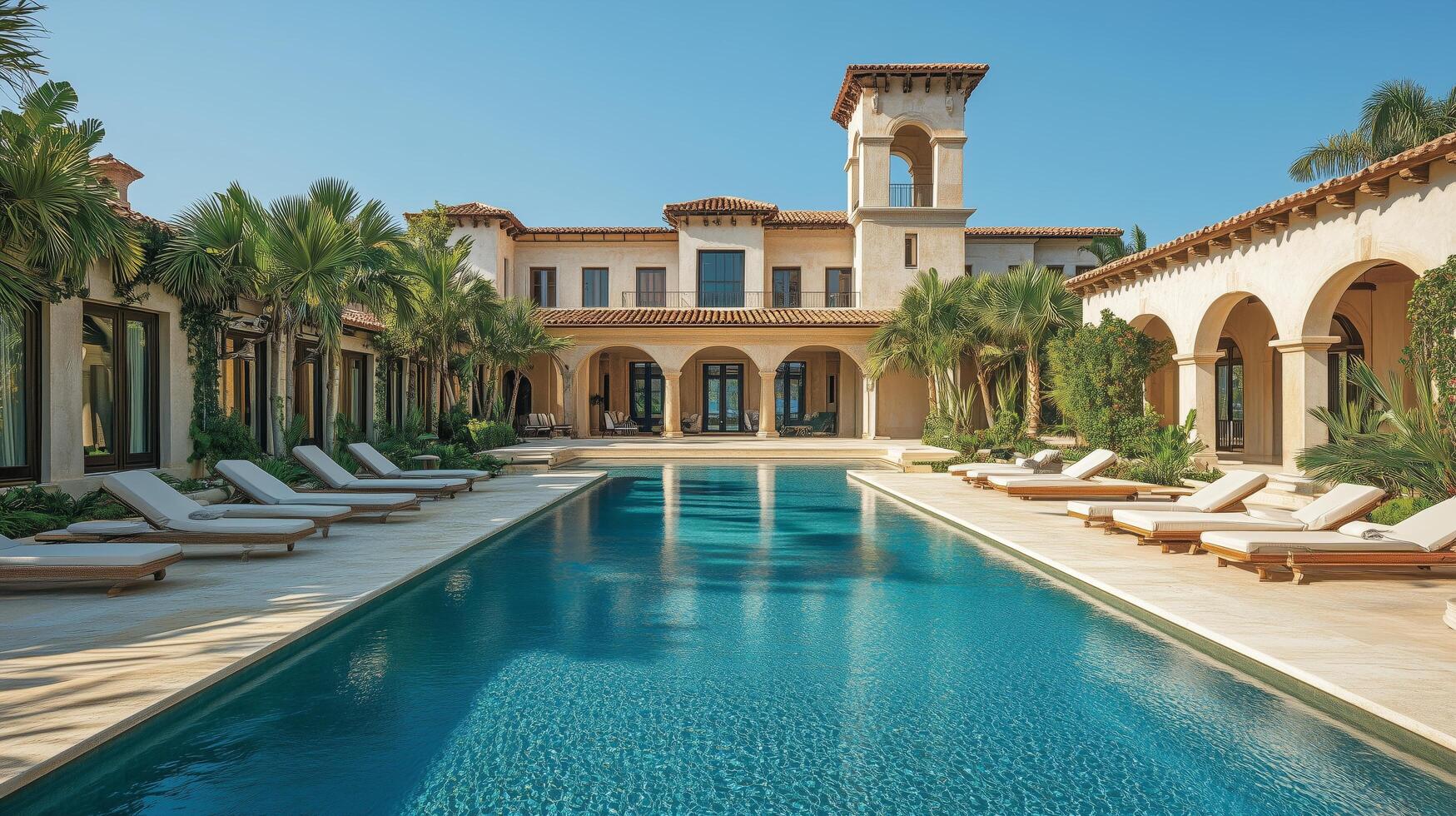 Luxurious villa with a serene pool surrounded by palm trees on a sunny day in a coastal region photo