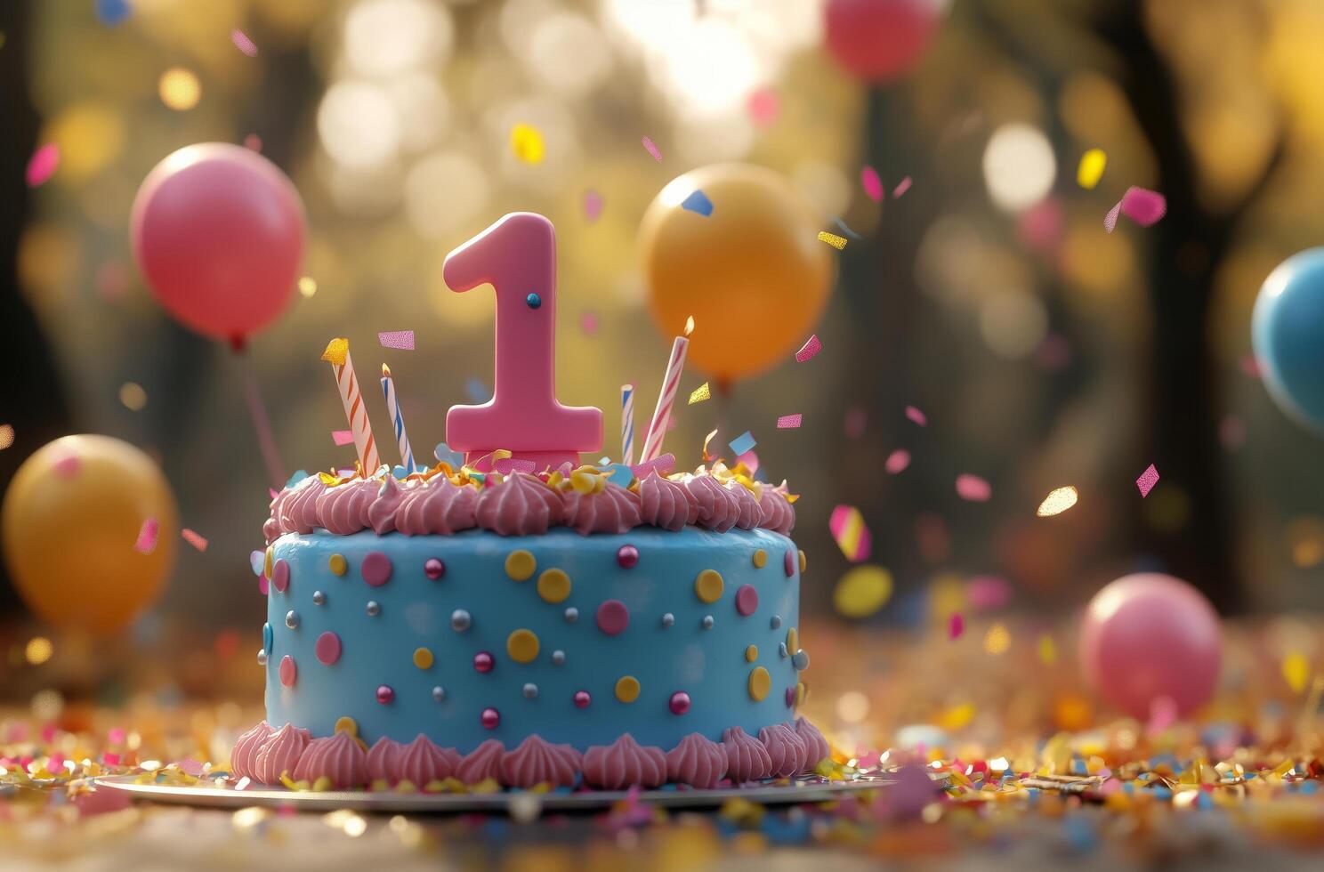 Colorful one-year birthday cake with balloons and confetti in a festive outdoor setting photo