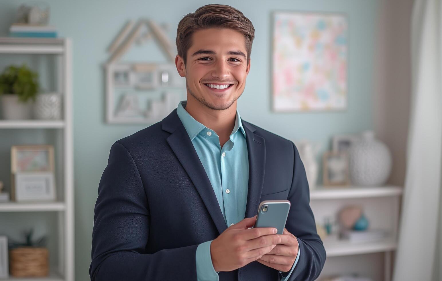 Confident young man in a suit using smartphone in modern interior setting photo