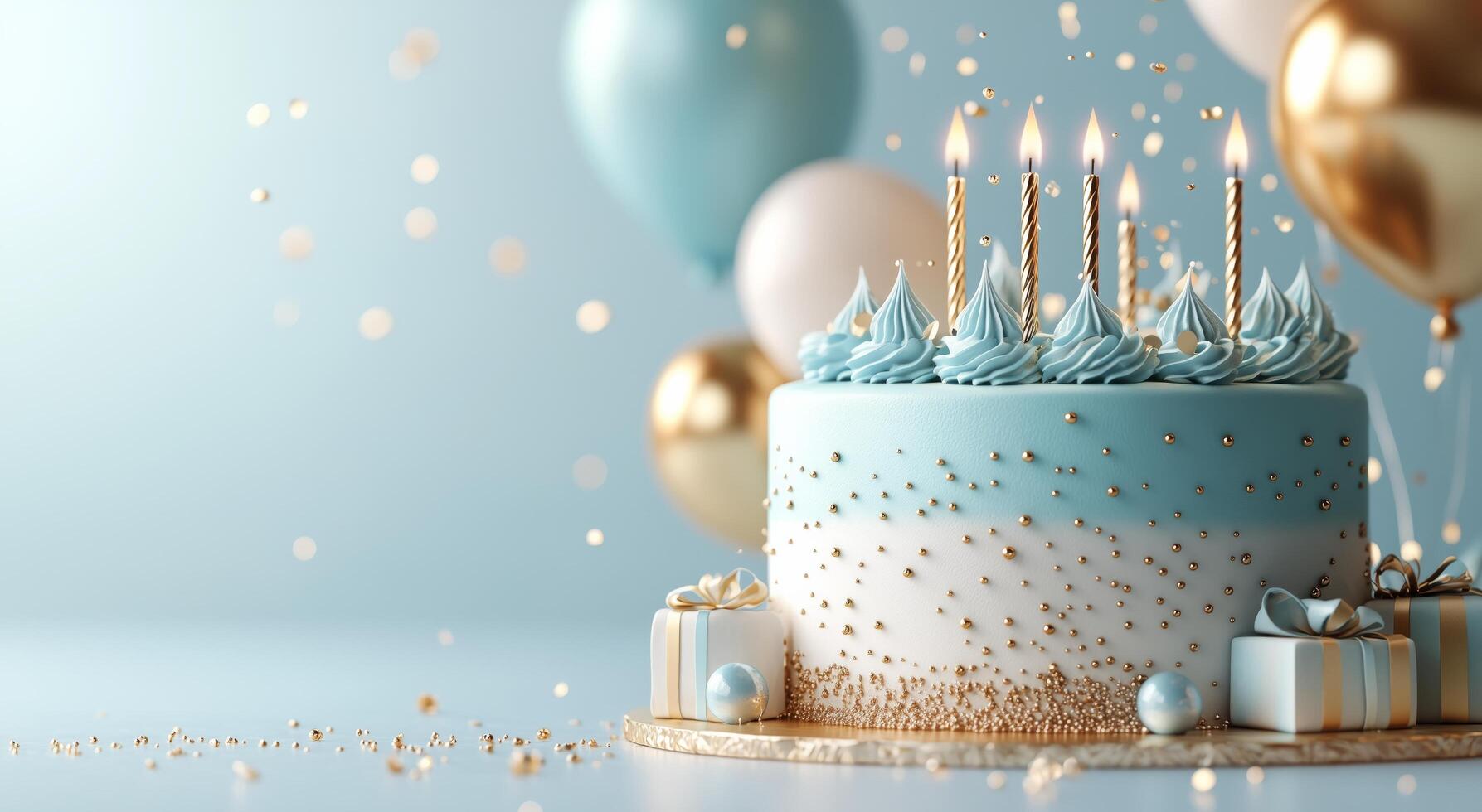 Celebration cake decorated with candles and gifts in a festive setting photo
