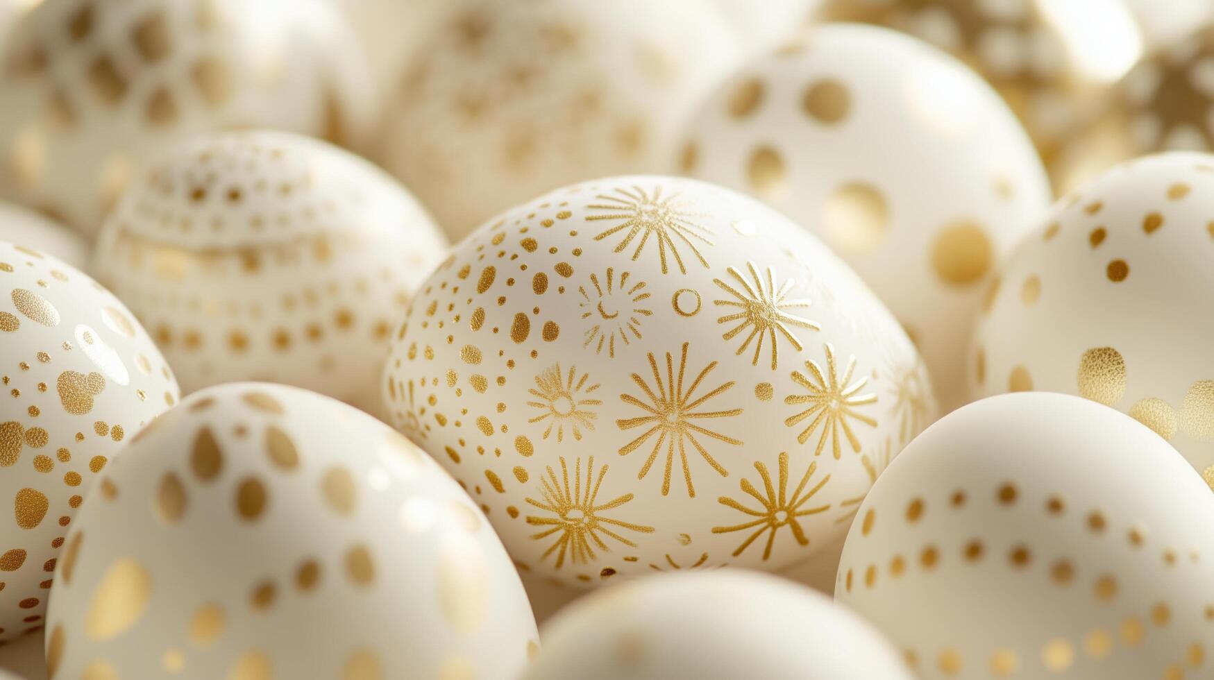 Decorative white eggs with golden patterns arranged elegantly for spring celebrations photo