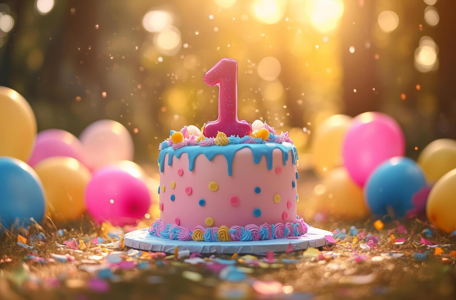 Colorful first birthday cake celebration outdoors with balloons and confetti photo