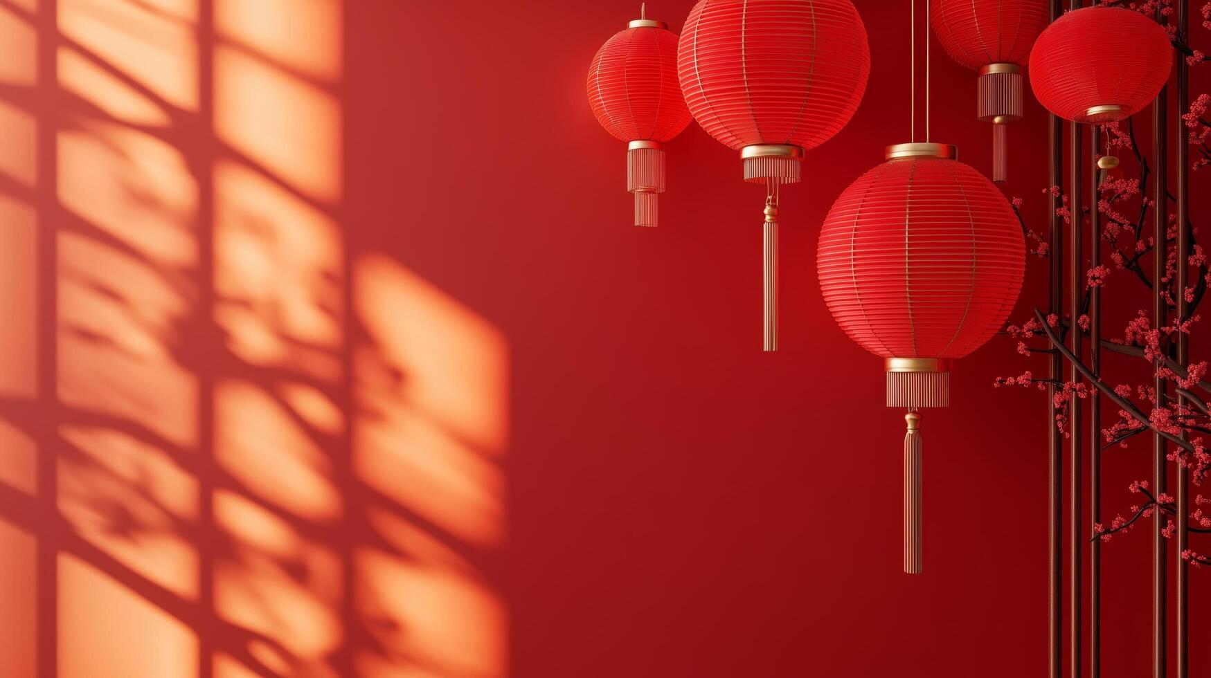 Red lanterns hanging in a cozy interior creating a warm atmosphere during lunar new year celebrations photo