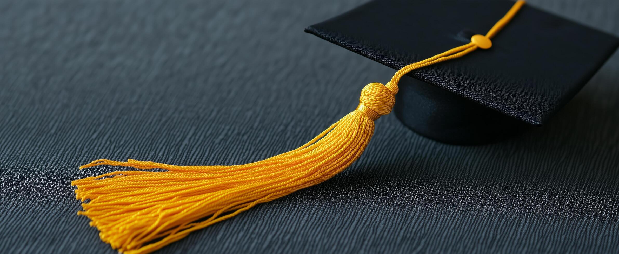 Graduation cap with bright yellow tassel resting on dark textured surface for celebration photo